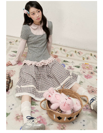 [RF] Floral Gray Pink Faux Two-Piece Striped Layered Blouse with Peter Pan Collar