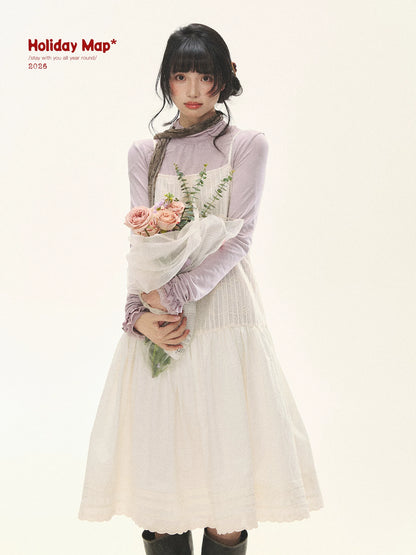 "Ivory Blossoms" Apricot Mist Beige Floral Pinafore Midi Dress