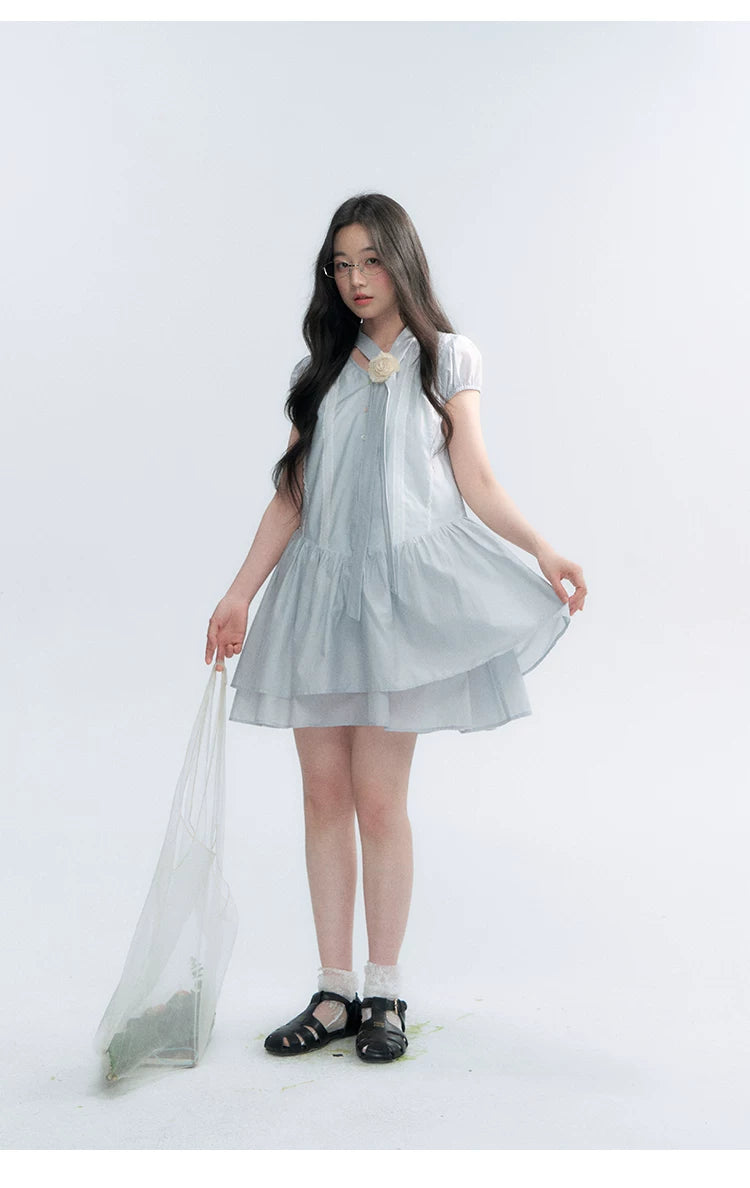 "Cedar Salt" Cool Moon Blue Lace Trim Puff Sleeve Dress