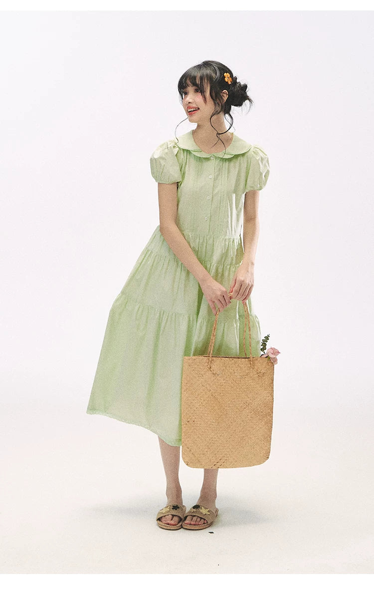 "Mint Forest" Mint Green Double Collar Tiered A-Line Midi Dress