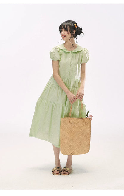 "Mint Forest" Mint Green Double Collar Tiered A-Line Midi Dress