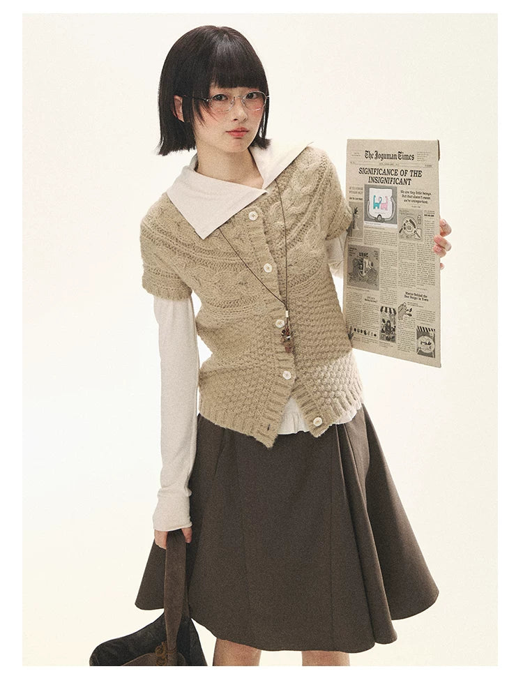 "Rice Knit" Wool-Blend Short Sleeve Knit Cardigan (Moss Coffee Green/ Dusk Dusty Pink)