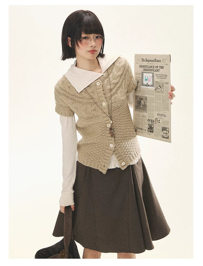"Rice Knit" Wool-Blend Short Sleeve Knit Cardigan (Moss Coffee Green/ Dusk Dusty Pink)