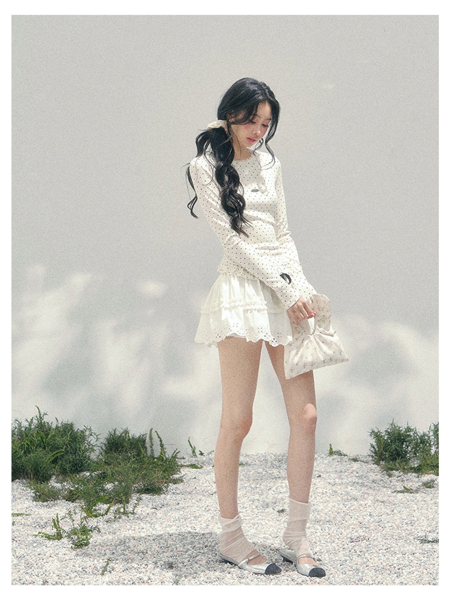 少也眼 “Soft Muse Student” Lace Polka Dot Faux-Layer Shoulder Tee 6747668
