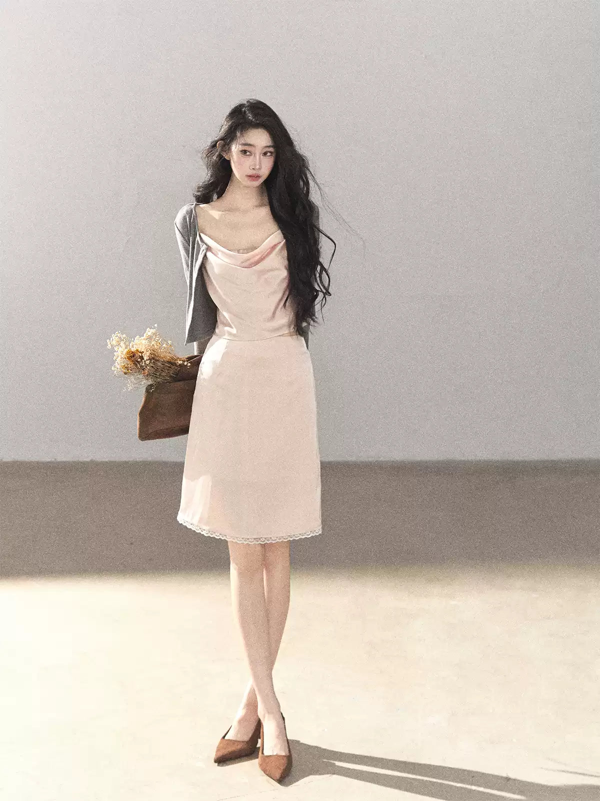 AOMALM - Glacier Pink Satin Cami & Skirt Set with Paris Gray Knit Cardigan