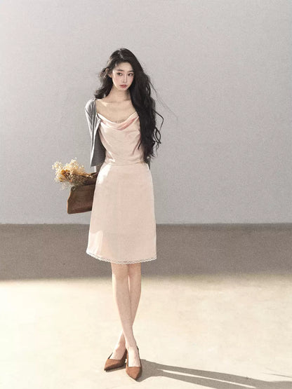 AOMALM - Glacier Pink Satin Cami & Skirt Set with Paris Gray Knit Cardigan