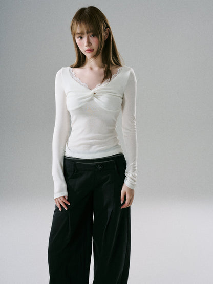 LOST FOREST - Lace Twist-Font Fitted Top (Cream White / Goose Yellow)