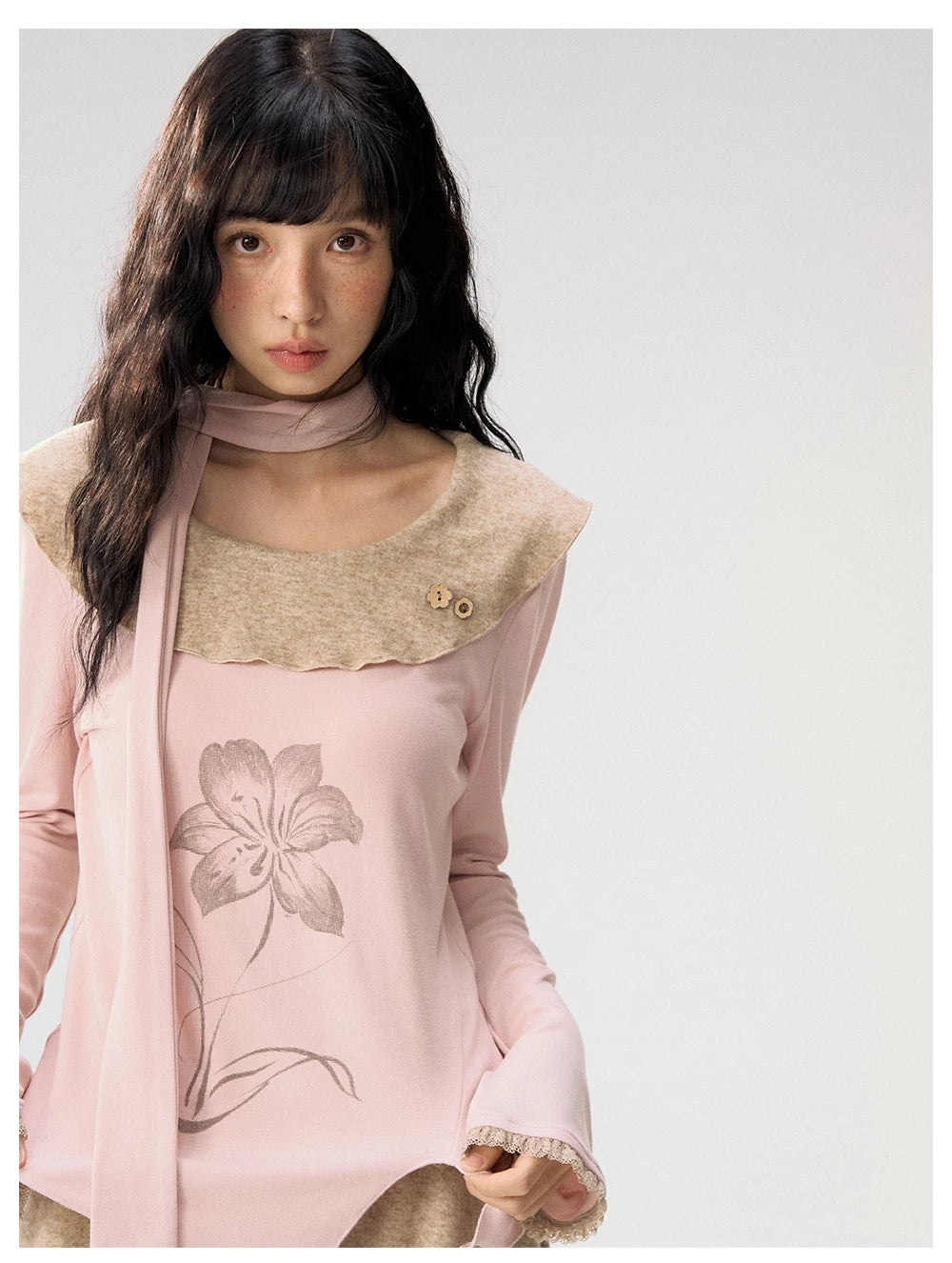 [CAN] "Dusky Floral Whispers" Blush & Chestnut Brown Set (Long Sleeve Top / Tassel Mini Skirt)