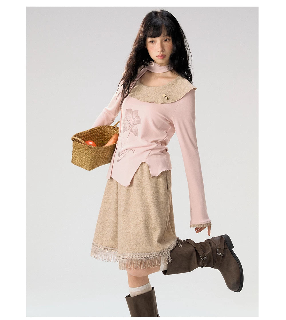 [CAN] "Dusky Floral Whispers" Blush & Chestnut Brown Set (Long Sleeve Top / Tassel Mini Skirt)