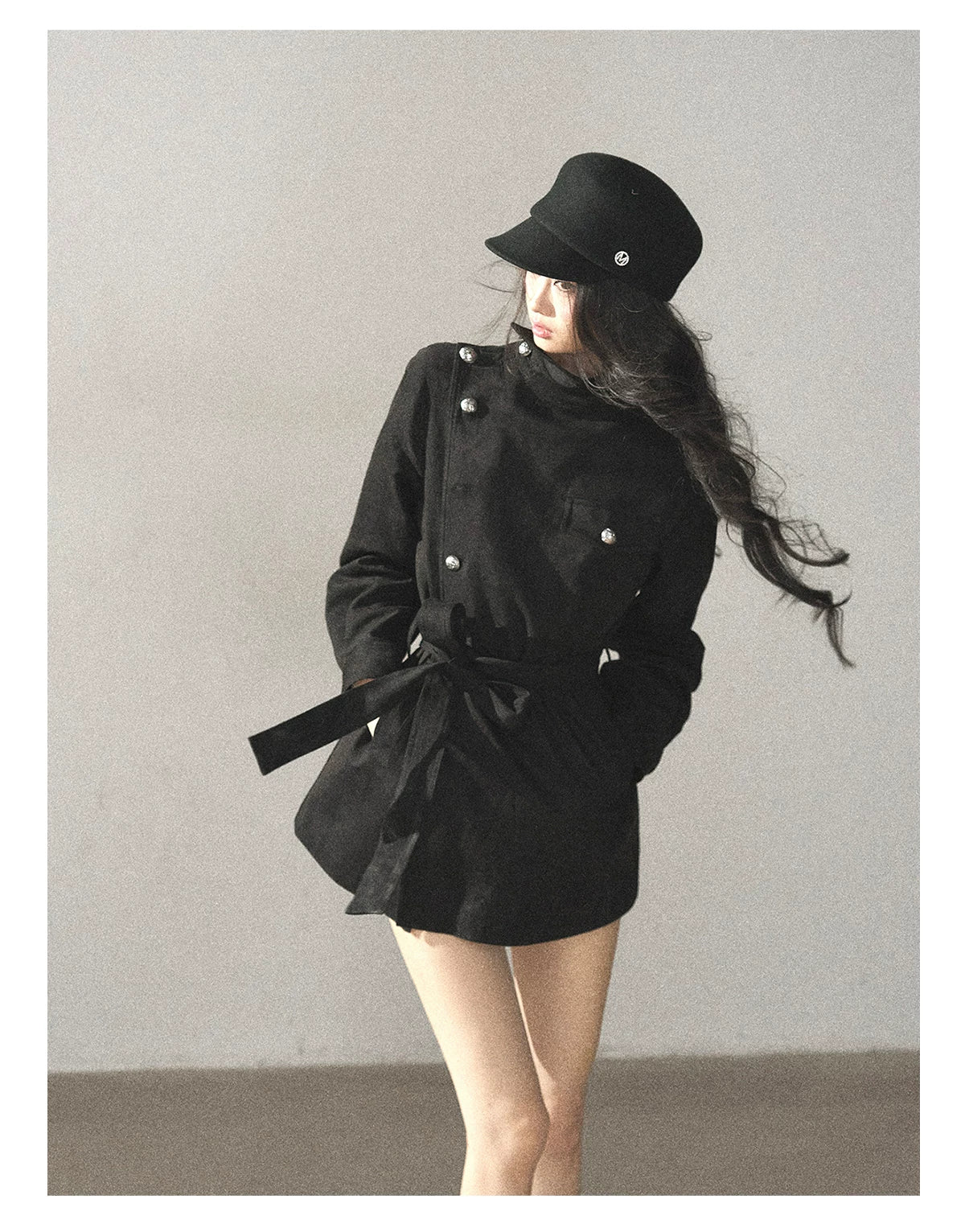 AOMALM - Black Faux-Suede Cropped A-Line Trench Coat with Belt
