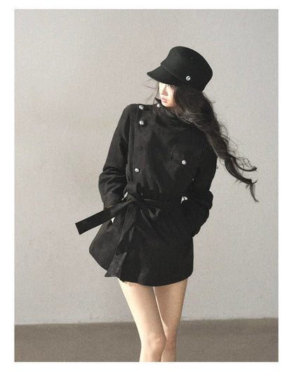 AOMALM - Black Faux-Suede Cropped A-Line Trench Coat with Belt