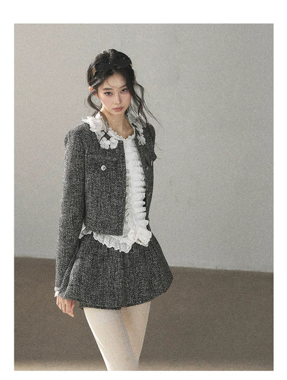 AOMALM - Black & Pearl White Tweed Jacket, Lace Blouse & Mini Skirt Set