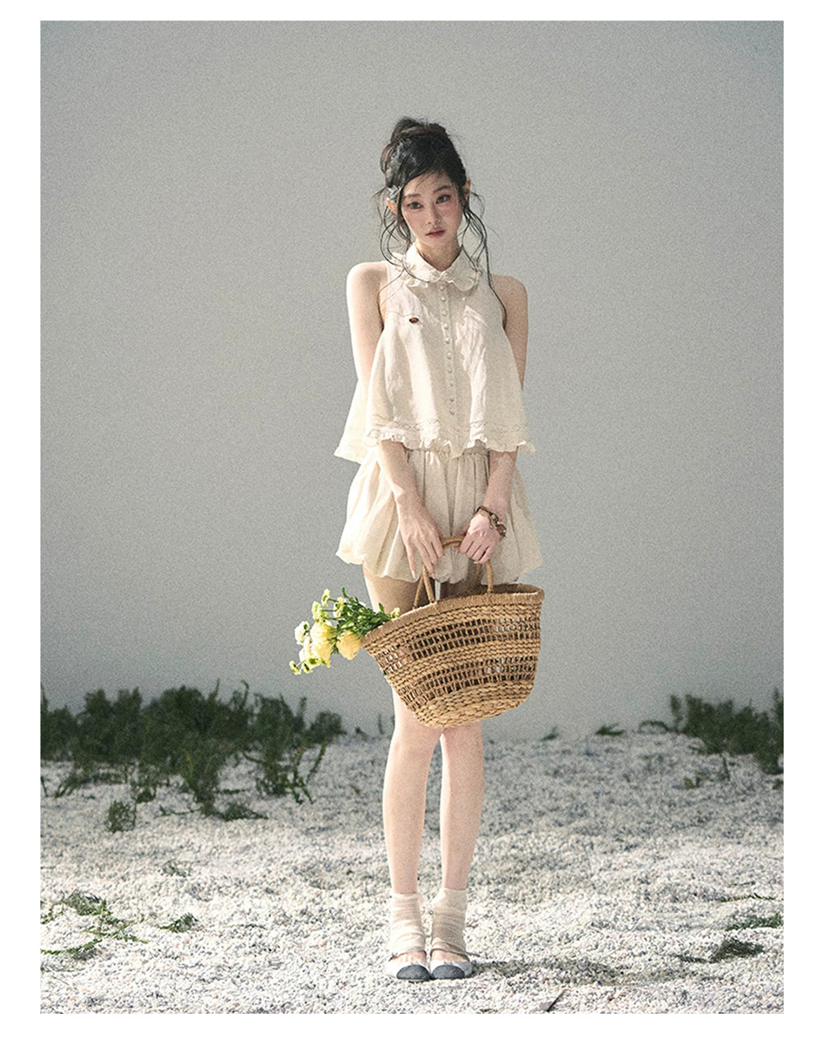 "Soft Cloud Reverie" Dutch Cream Lace Top & Bubble Skirt & Wide-Leg Pants Set 5468465