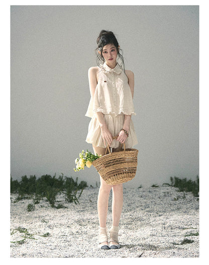 "Soft Cloud Reverie" Dutch Cream Lace Top & Bubble Skirt & Wide-Leg Pants Set 5468465