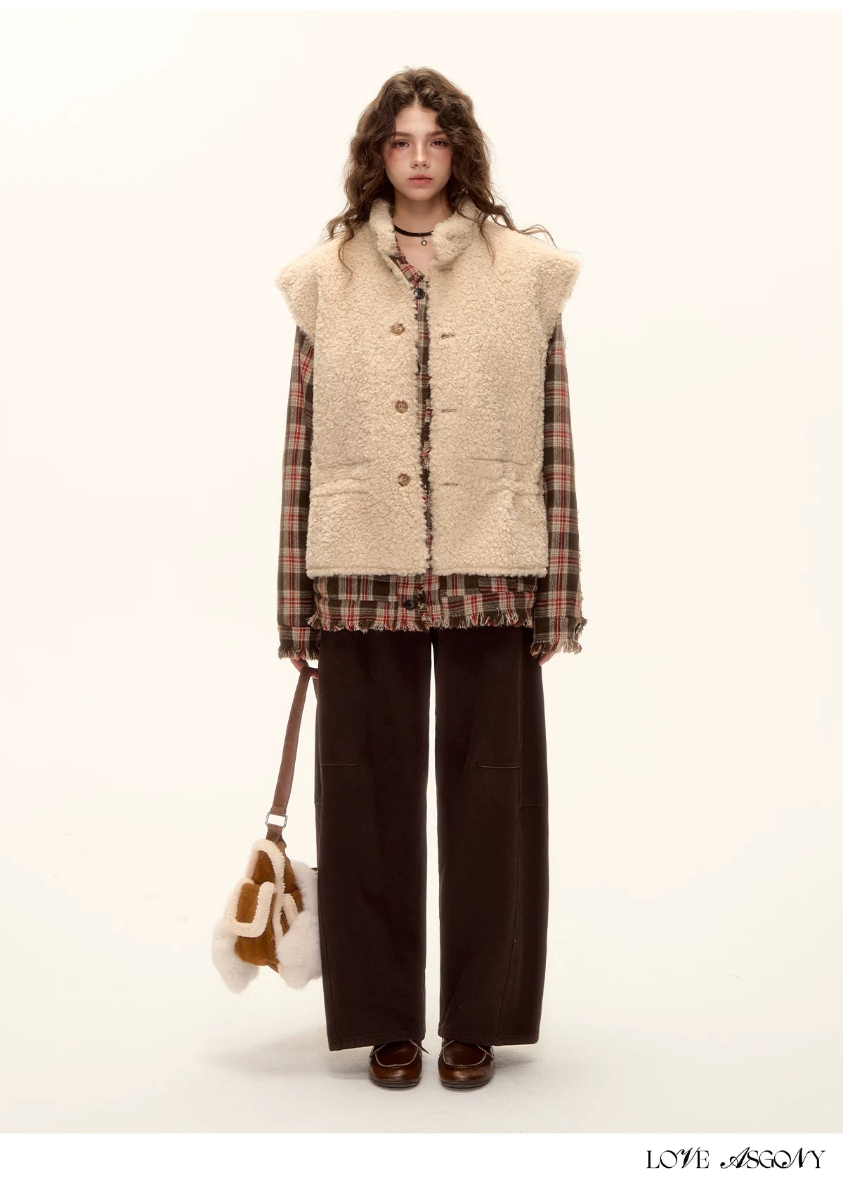 ASGONY - Brown Reversible Suede Faux Shearling Drawstring Vest