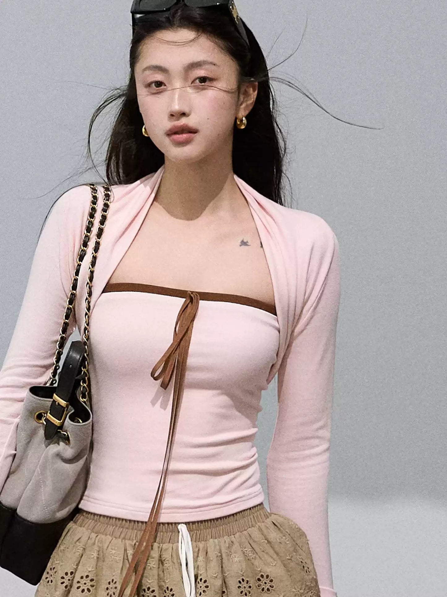 OAKMOO - Soft Curve Two-Piece Knit Set – Strapless Top & Mini Cardigan 25Q425