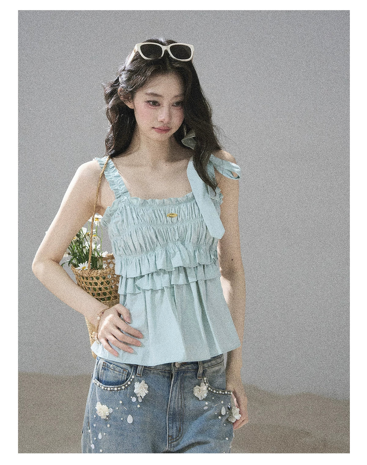 "Gentle Whisper" Glacier Blue Ruffle Peplum Cotton Top