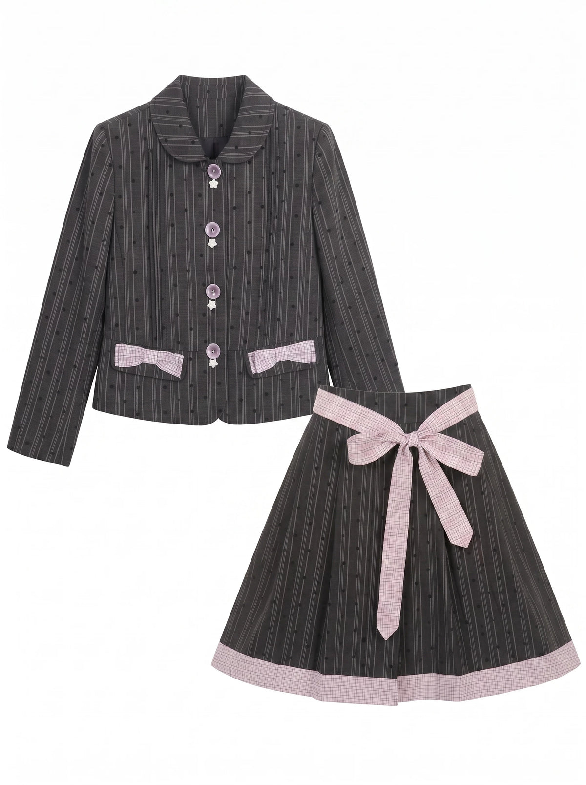 [[RF] “Ink Plaid Prelude” Gray-Purple Plaid Striped Pleated Skirt Two-Piece Set