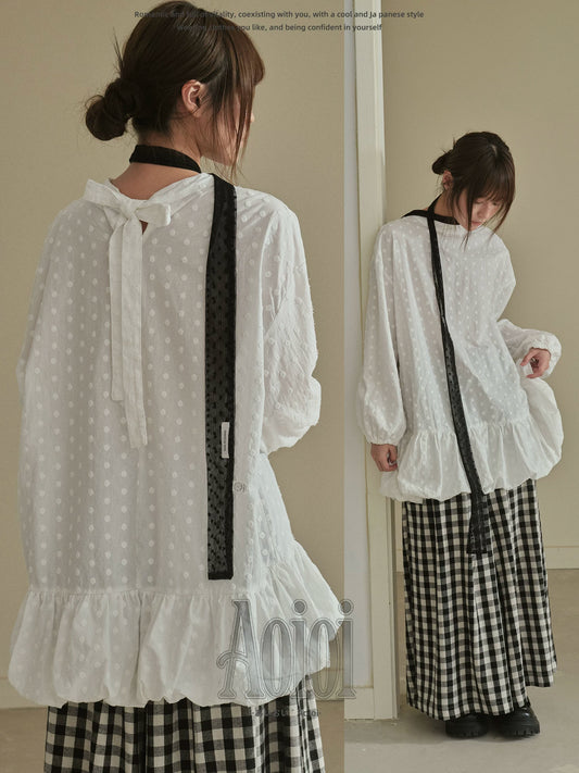 "Blooming Mist" White Textured Polka Dot Tie-Waist Bubble Midi Dress