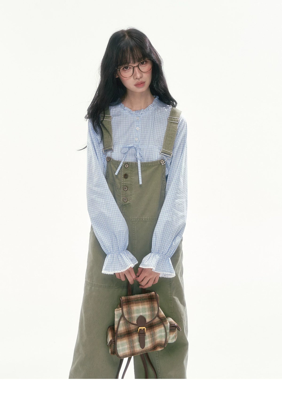 [CAN] Olive Green Floral-Trim Cargo Overalls