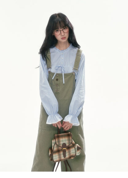 [CAN] Olive Green Floral-Trim Cargo Overalls