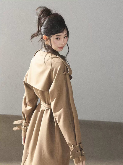 AOMALM - Chestnut Brown Long A-Line Trench Coat with Belt