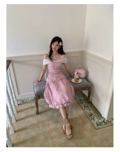 “Peach Mist Starlit Meadow” Pink Off-Shoulder Skirt Set