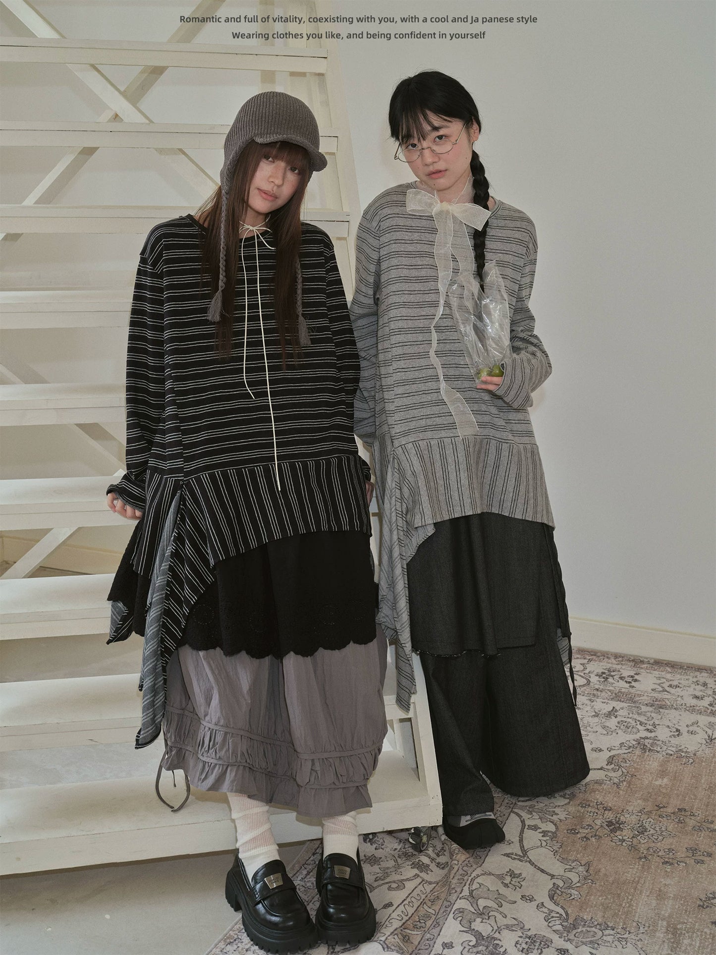 "Vintage Rhythm" Asymmetrical Knit Stripe Long Sleeve T-Shirt (Black / Gray)