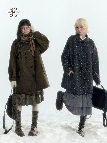 Horridale - Peter Pan Collar Pleated Mid-Length Wool-Blend Coat – Gray Polka Dot