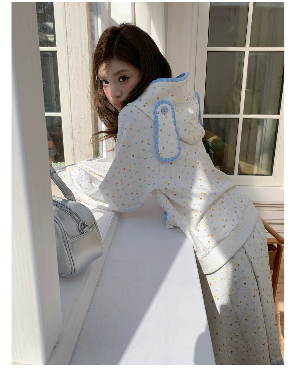 “Snow Bunny Reverie” Ivory Rabbit Ear Hoodie & Floral Pleated Mini Skirt