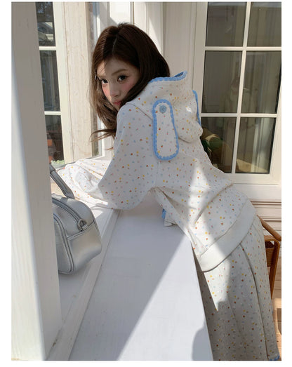 “Snow Bunny Reverie” Ivory Rabbit Ear Hoodie & Floral Pleated Mini Skirt