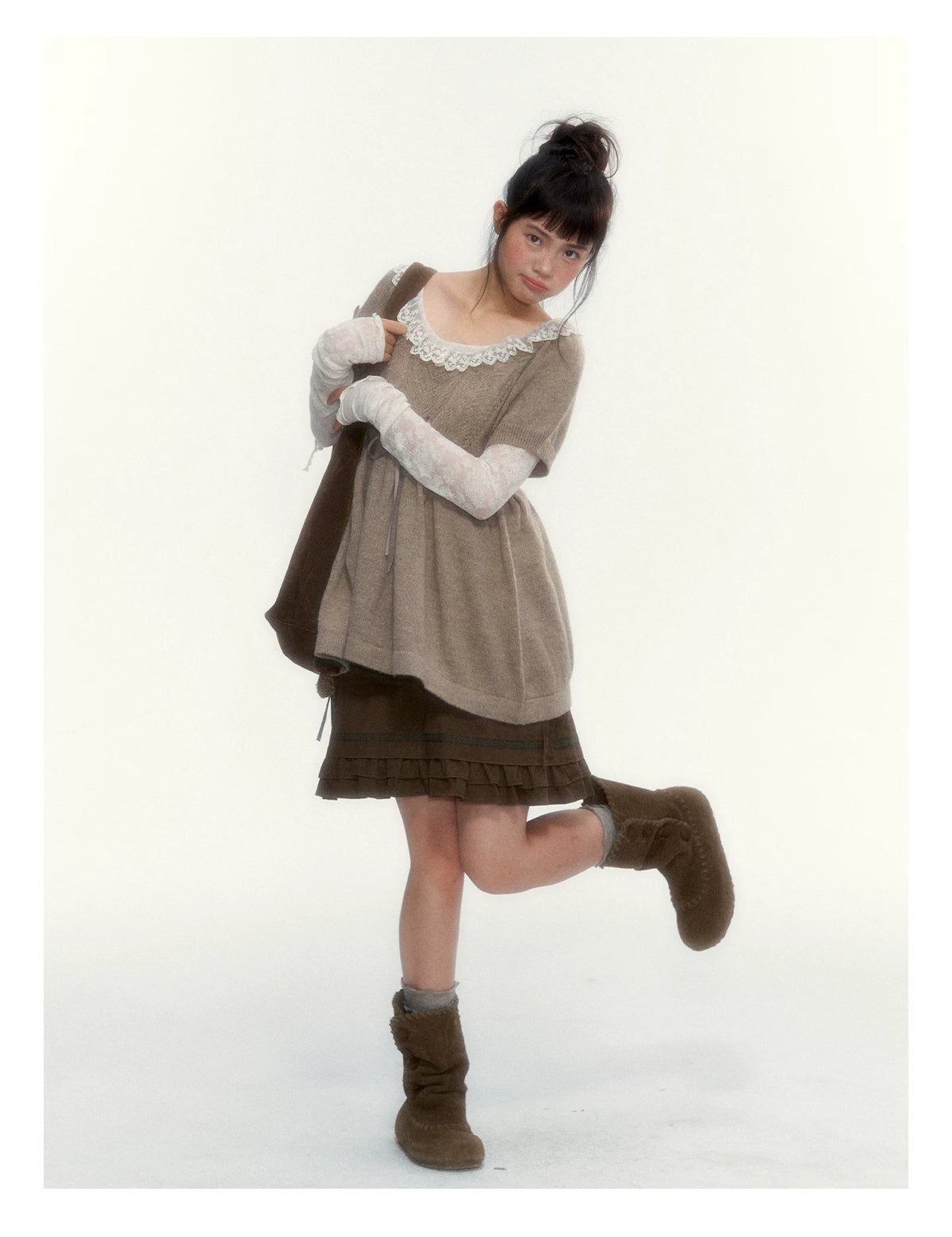 “Cloud Pleats” Chestnut Mist U-Neck Bow-Tie Puff Sleeve Knit Sweater