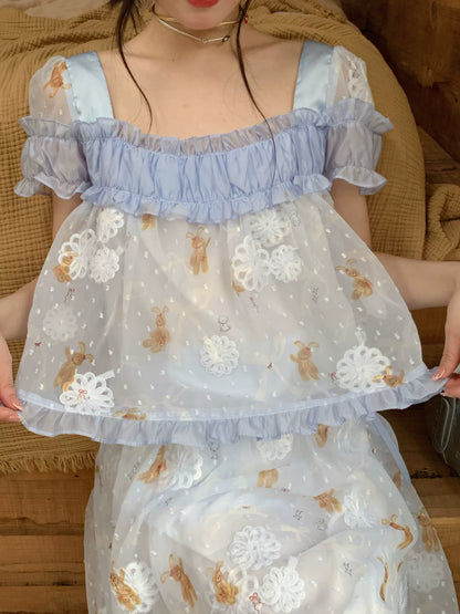 [RF] “Blue Teddy Fairytale” Bear Print Two-Piece Dress Set