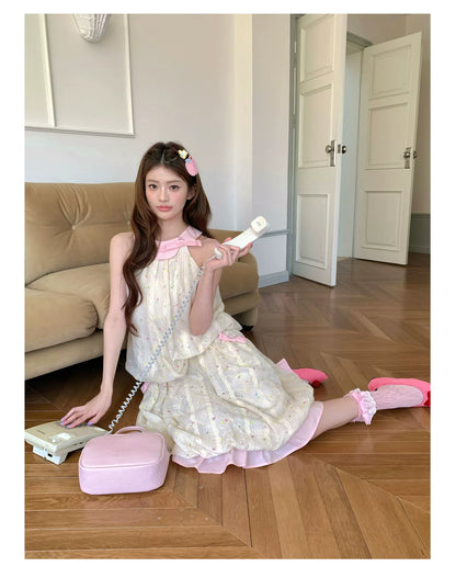 “Peach Cream Brioche” Cream Apricot Floral Bubble Skirt Set