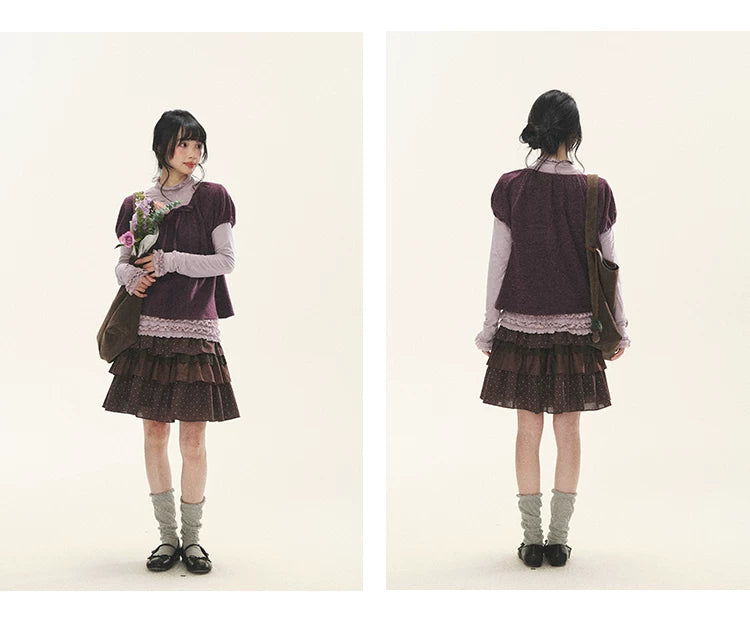"Violet Journal" Grape Purple Bow Lace Short Sleeve Knit Top