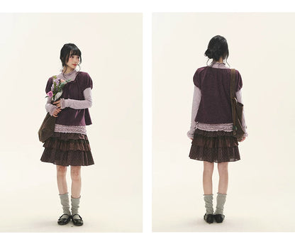 "Violet Journal" Grape Purple Bow Lace Short Sleeve Knit Top