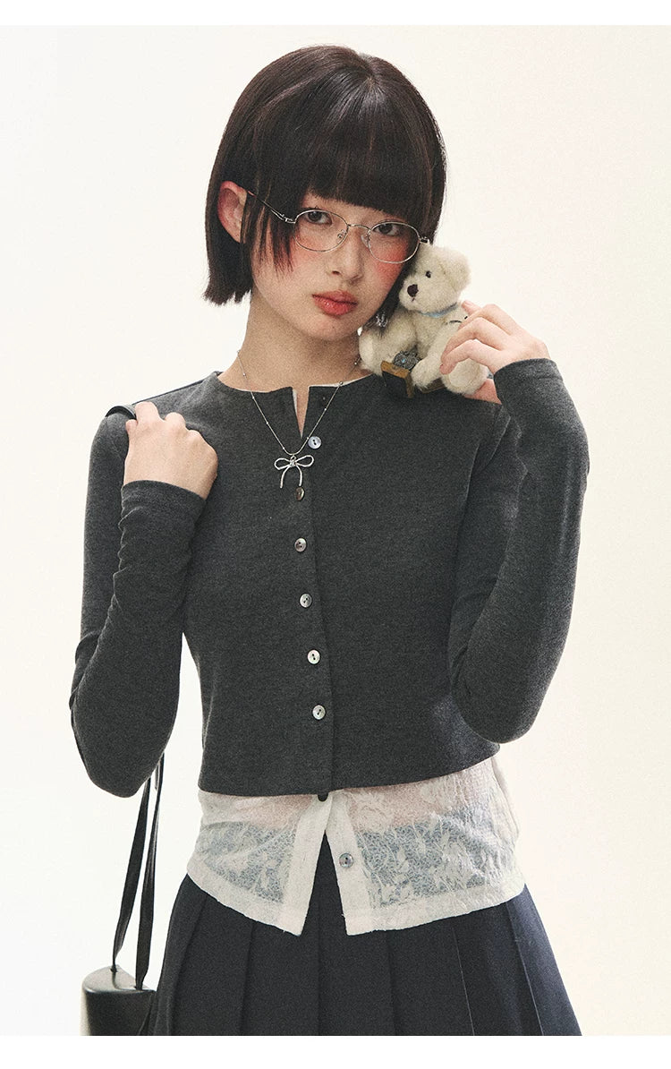 "Layered Blossom" Faux-Layer Knit Cardigan (Sakura Pink/ Heather Gray)
