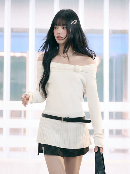 "Bloom Arrival" White Off-Shoulder Knit Top