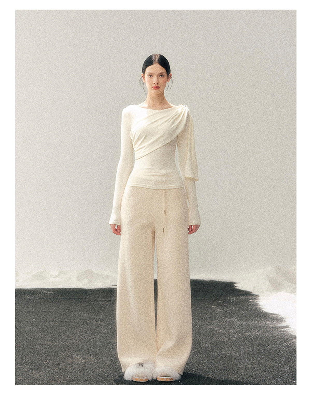181225 “She Is Lighter Than the Wind” Streamer-Neck Top - Milky Apricot White