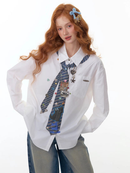 ZiziFei - White Oversized Shirt with Printed Tie Detail