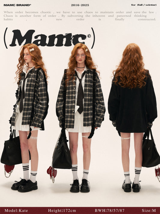 MAMC - Patchwork Plaid Oversized Sweatshirt WE824 (Charcoal Black)