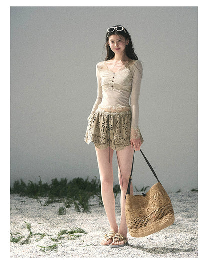 “Traces Left by the Wind” Ash Ivory Lace V-Neck Top