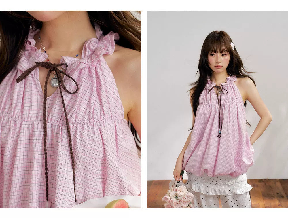 “Pink Mist Whispers” Lavender Crinkle Halter Top