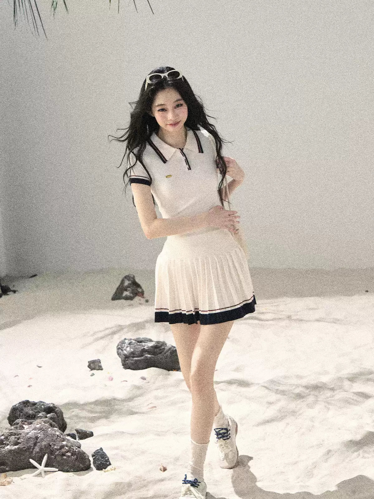 "Moonlight in Pieces" Cloud White Ribbed Knit Top & Pleated Mini Skirt Two-Piece Set