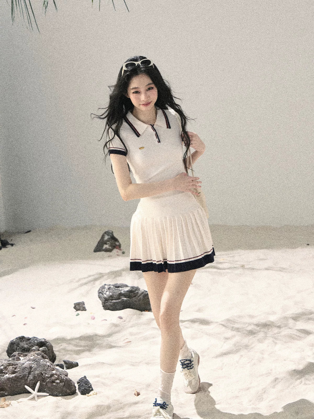 "Moonlight in Pieces" Cloud White Ribbed Knit Top & Pleated Mini Skirt Two-Piece Set