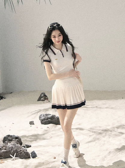 "Moonlight in Pieces" Cloud White Ribbed Knit Top & Pleated Mini Skirt Two-Piece Set