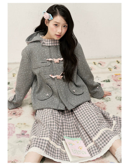 [RF] Floral Heather Gray Pink Plaid-Trim Hooded Duffle Coat