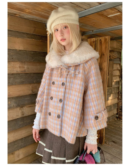 RF - Orange Plaid Cropped Cape Coat with Apricot Faux Fur Collar