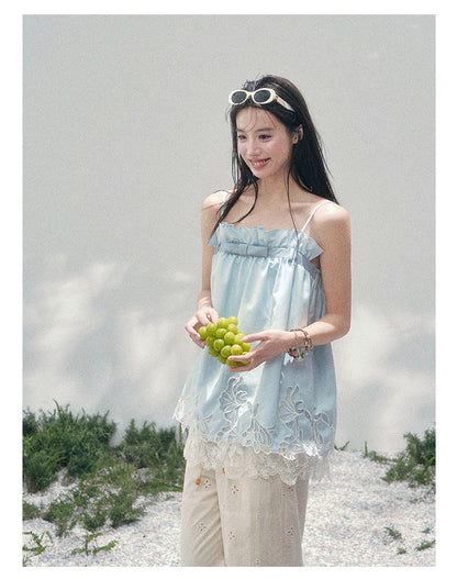 “Bouquet Summer” Glacier Blue Lace Babydoll Top