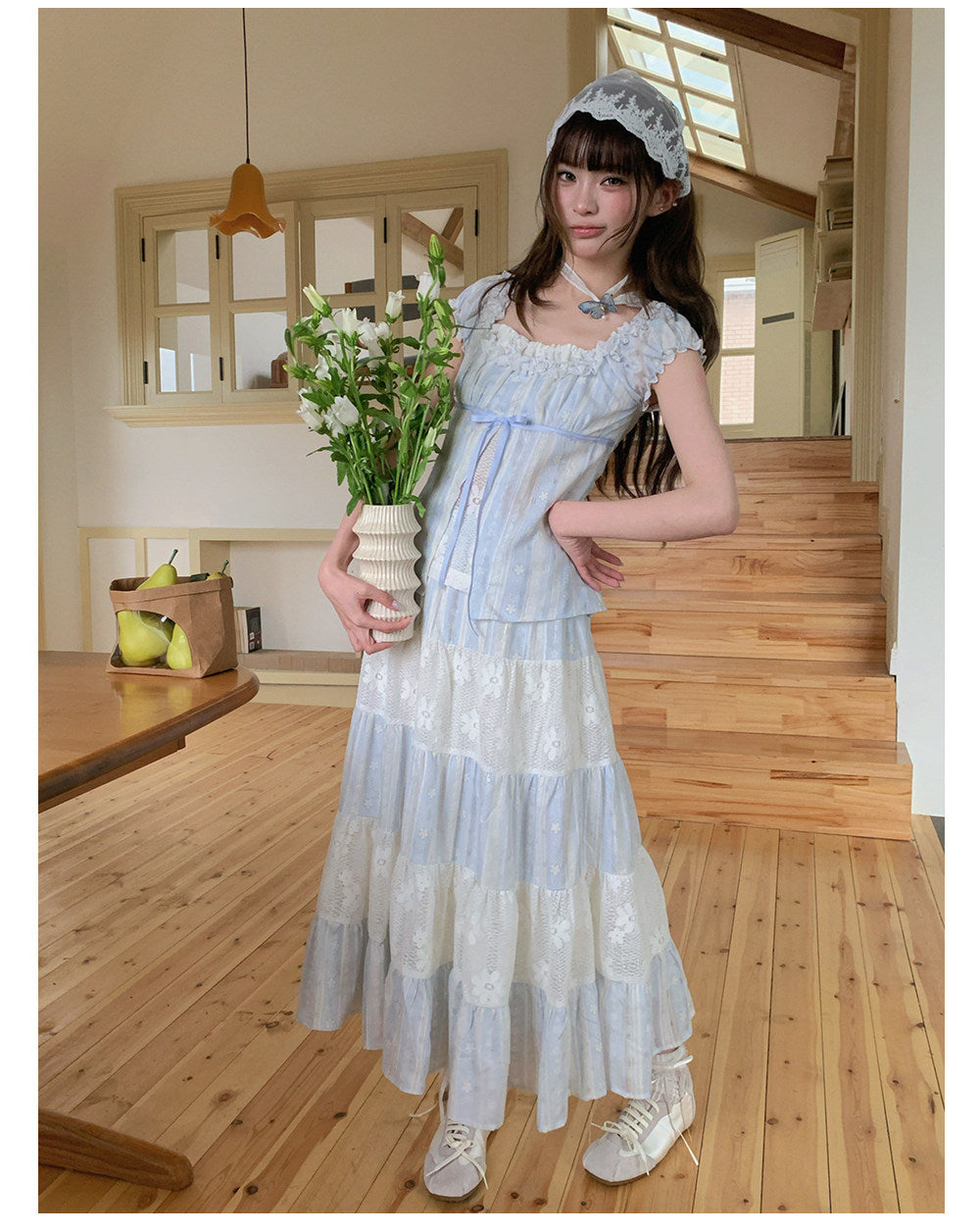 “Sea Salt Reverie” Blue Square Neck Blouse & Lace Tiered Maxi Skirt